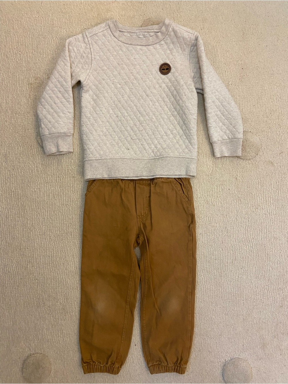 Timberland Cream Quilted Sweatshirt and Brown Jogger Pants Kids Matching Set